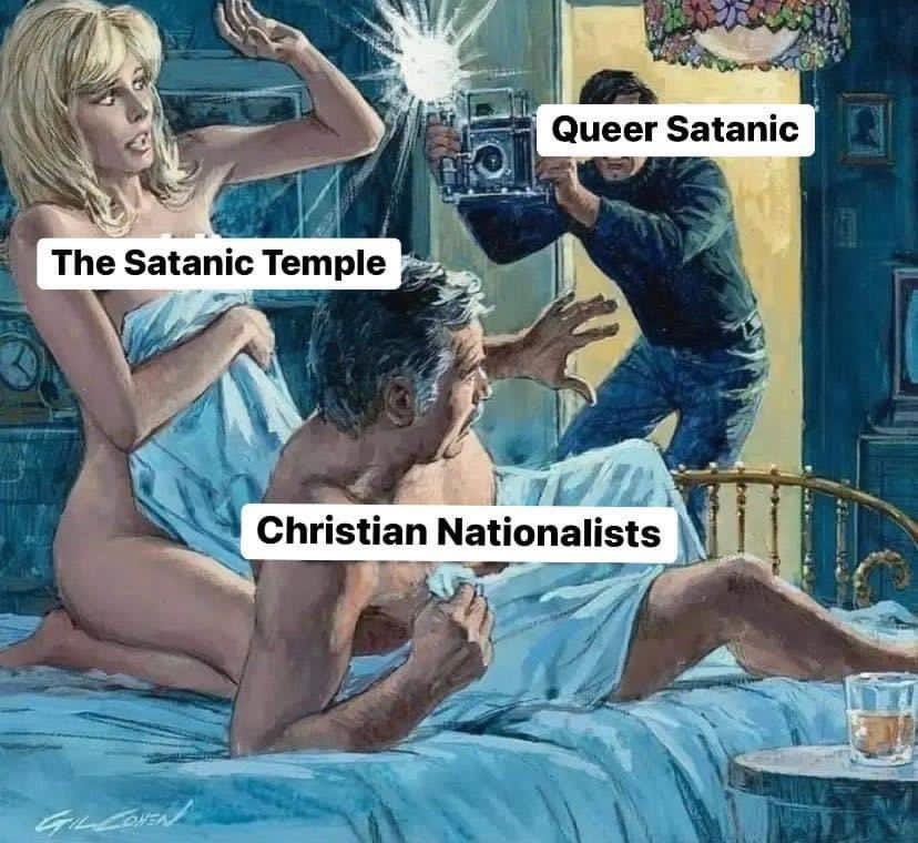Pulp reporter labeled “QueerSatanic” busting in on naked couple in bed labeled “The Satanic Temple” and “Christian Nationalists”