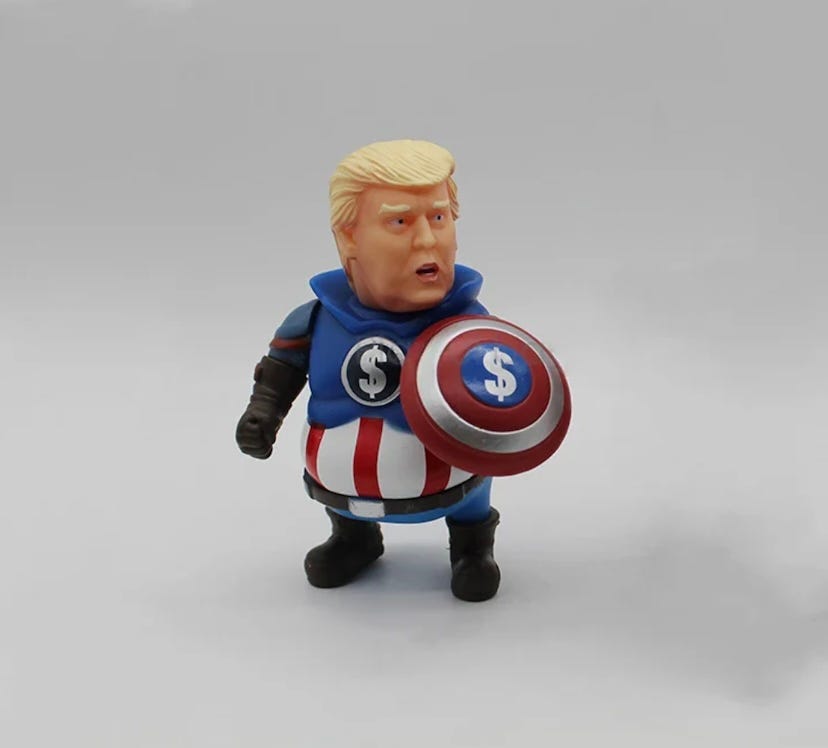 Photo of a “Make America Cringe Again” Trump action figure, dressed like Captain America, found beside Justice Alito’s flag pole. It’s one of his favorites.