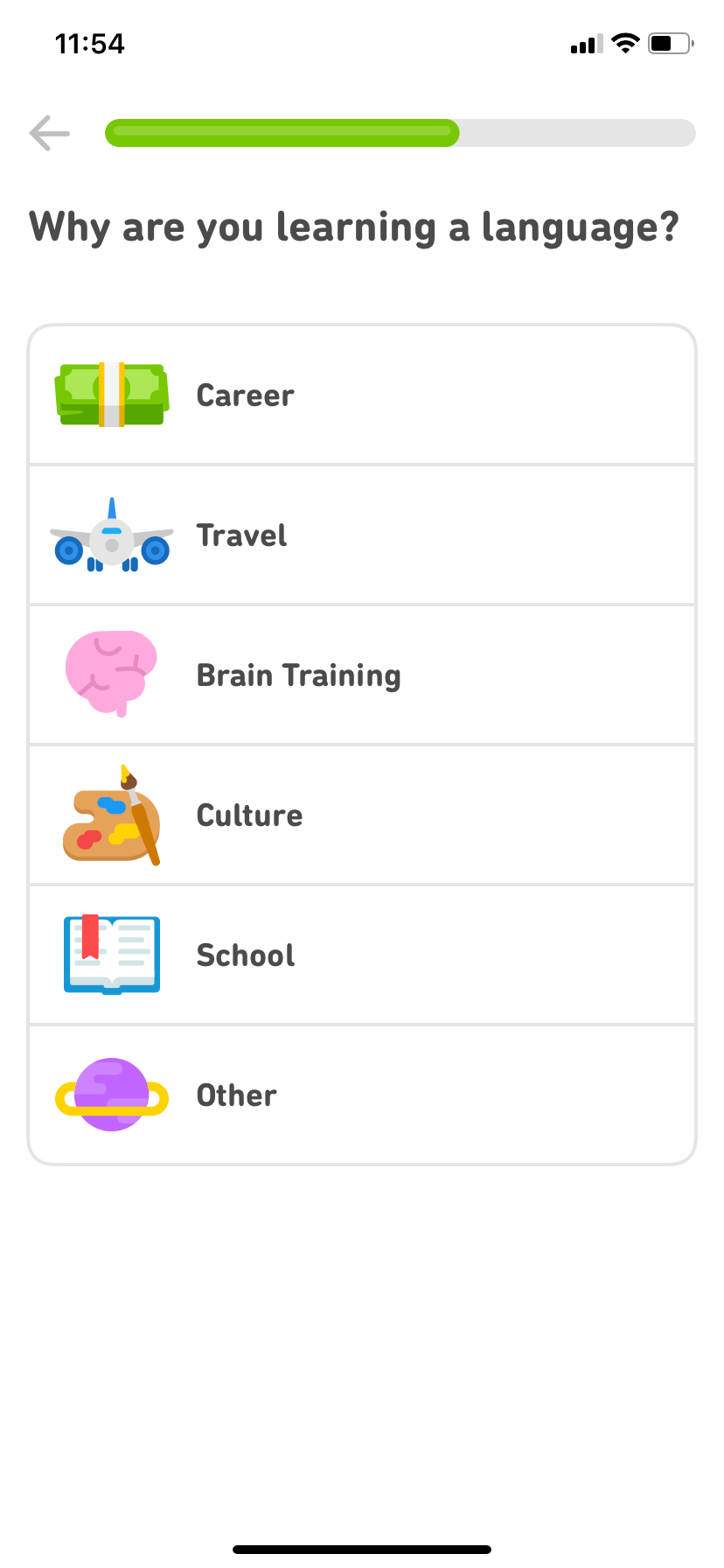 Screenshot of the app asking users “Why do you want to learn a language” with options: Work, Travel, Brain Training, Culture, School.