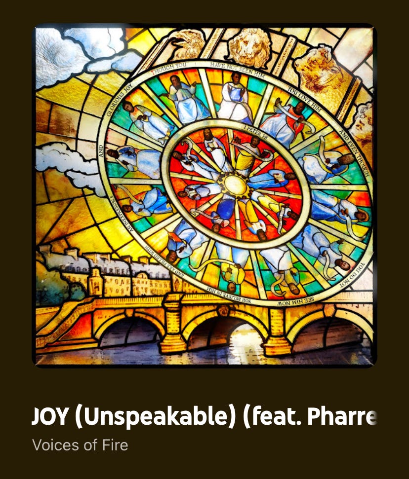 A screenshot of my Youtube music player playing the Song- Joy Unspeakable by Voices of Fire featuring Pharell Williams