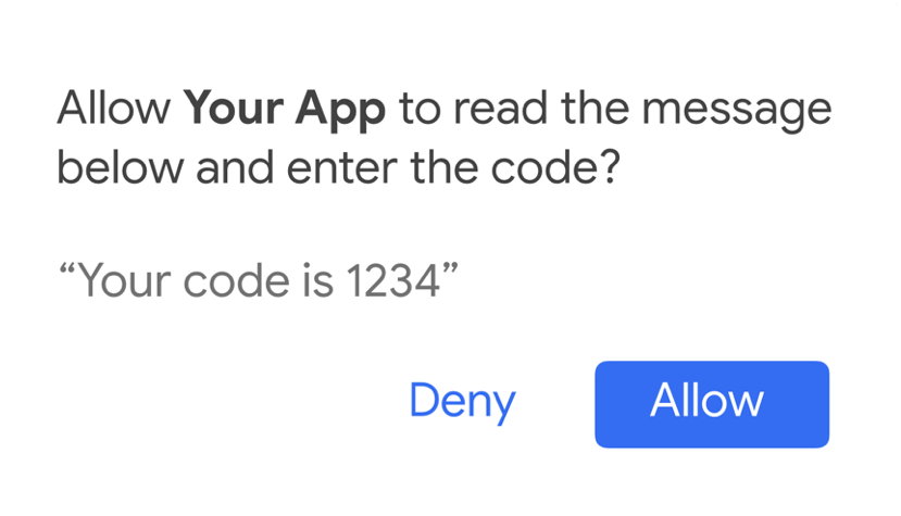 Messaggio che richiede l'autorizzazione alla tua app per leggere il messaggio e inserire un codice