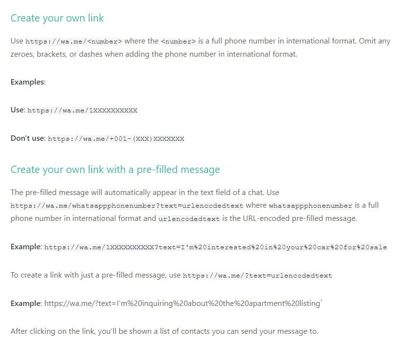WhatsApp’s documentation for creating clickable links