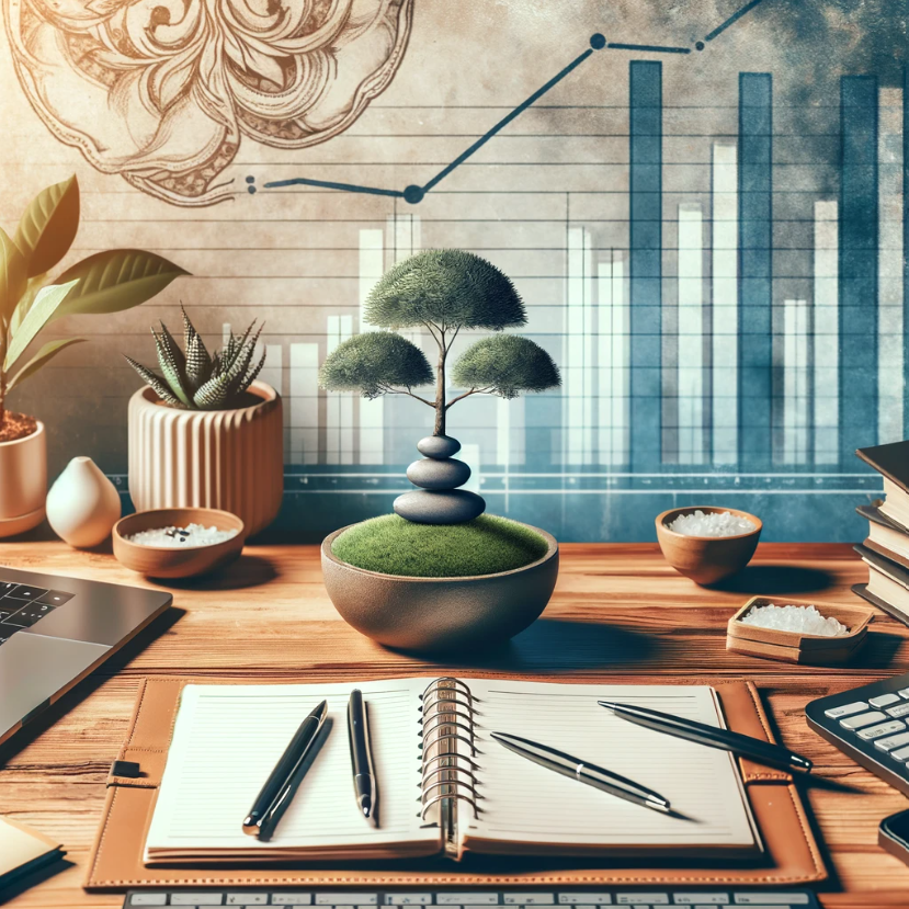 An image depicting a balanced professional life, showing a serene workspace with a laptop, a notepad, mindfulness elements like a small zen garden or a bonsai tree, and a background that conveys a sense of calm and organization.