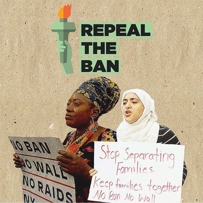 A woman in a headwrap and woman wearing hijab hold protest signs reading slogals from the Repeal the Ban rally.