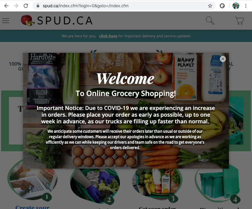 Spud.ca website home page example COVID 19 messaging