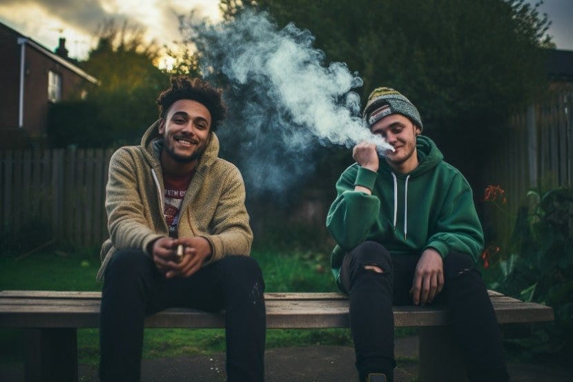 Two men wearing jackets smoking cannabis outdoors.
