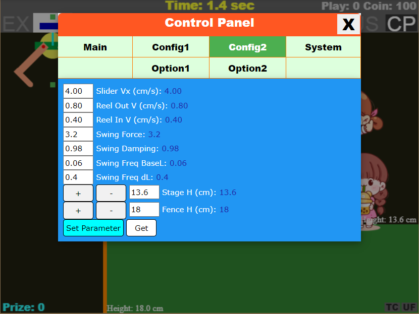 The physics parameters for the claw machine simulator.