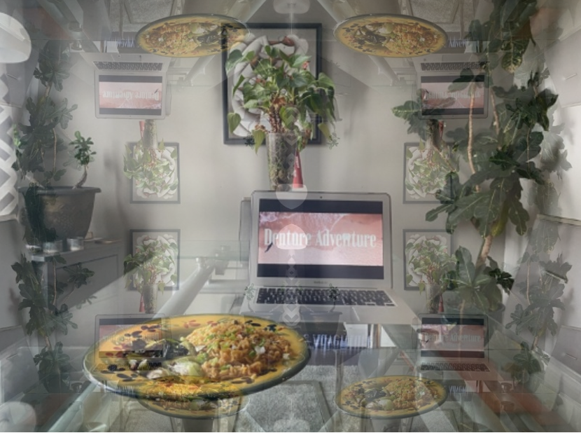 A mirrored image of a plate of ramen and vegetables on a glass table, adjacent to a laptop with a pink screen featuring the title DENTURE ADVENTURE.