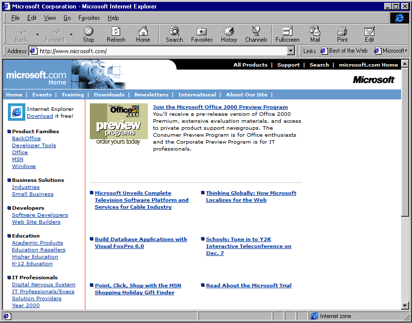 Microsoft Internet Explorer 4.0 showing the Microsoft homepage, circa 1998.