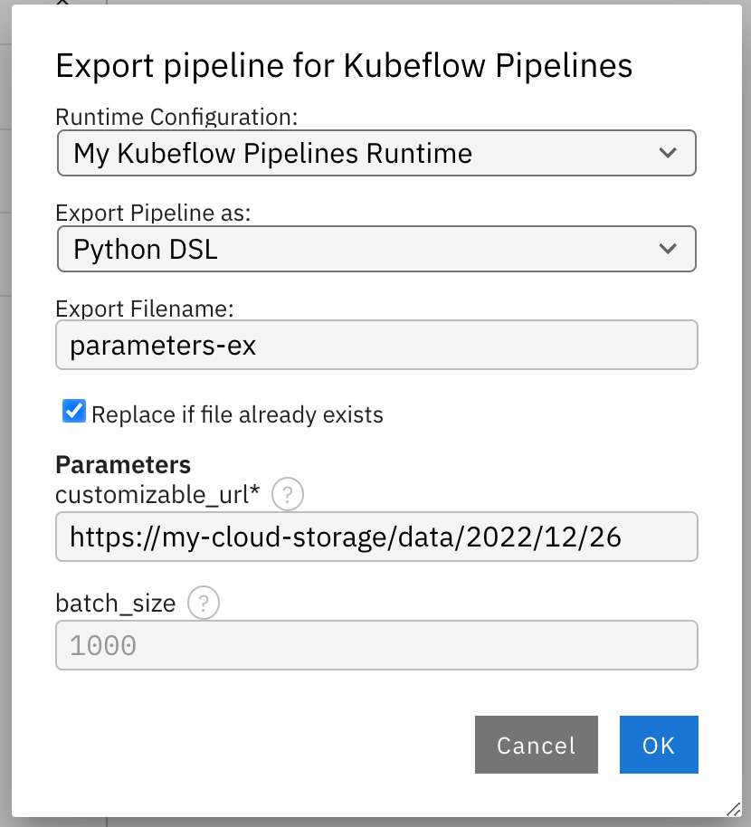 Screenshot of the pipeline export dialog. A custom value is assigned to one of the pipeline parameters.