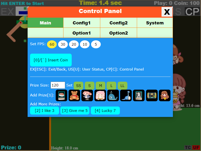 The control panel of Claw Machine Trainer. User can select the prize size and add more prizes here.