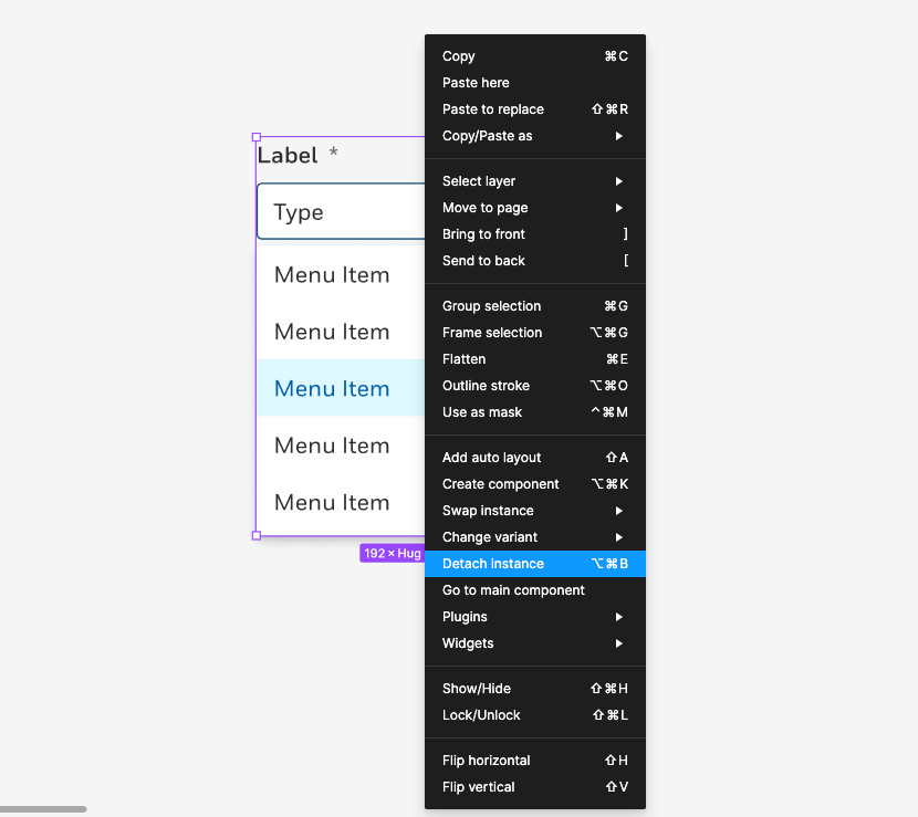 A dropdown UI component in Figma that has a menu next to it with the option ‘Detach instance’ highlighted