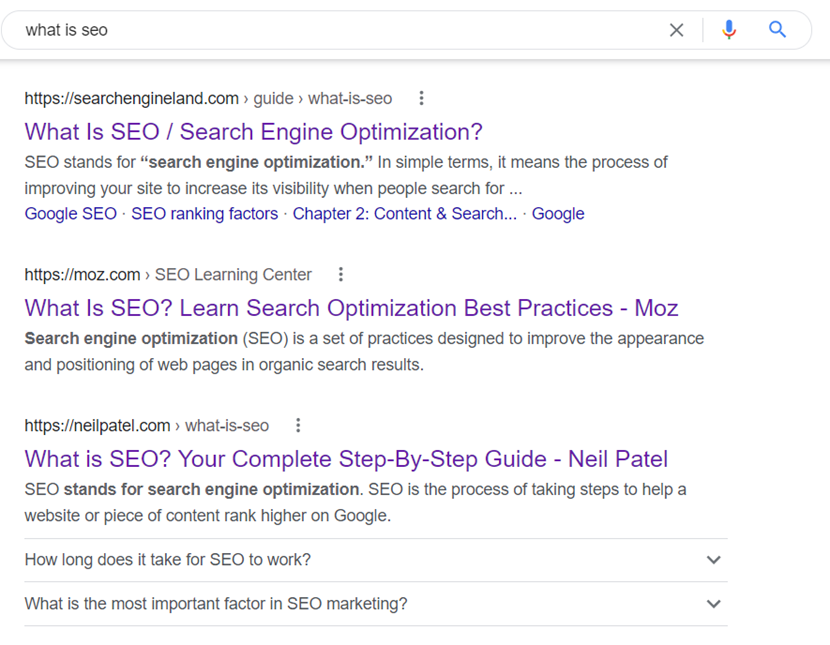 Search engine result page for the “what is seo” keyword