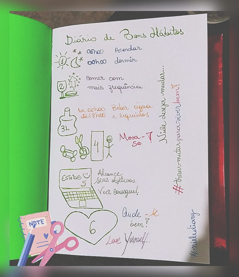 Legenda dos bons hábitos descritas no texto. 1 Sol e Lua. 2 Copo e pão. 3 Garrafa dágua. 4 tapete, corda. 5 PC. 6 Coração.