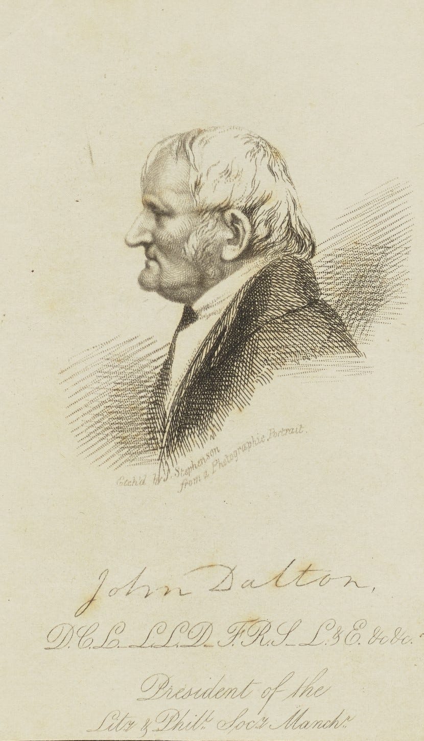 Black and white etched profile engraving of John Dalton