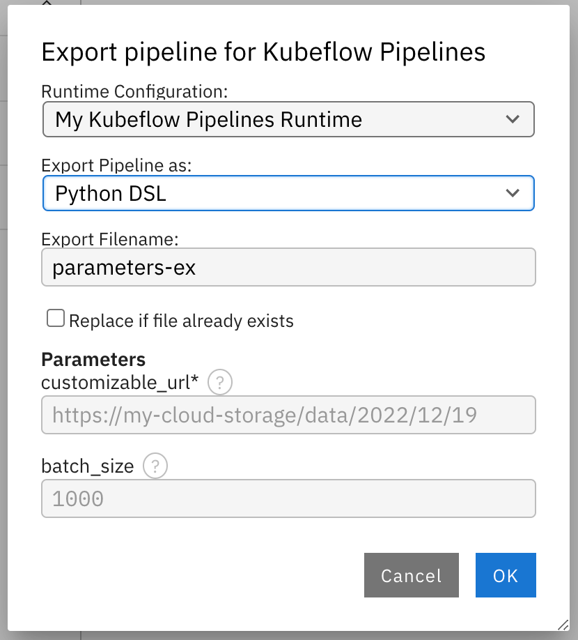 Screenshot of the pipeline export dialog. For each parameter the default value is displayed.
