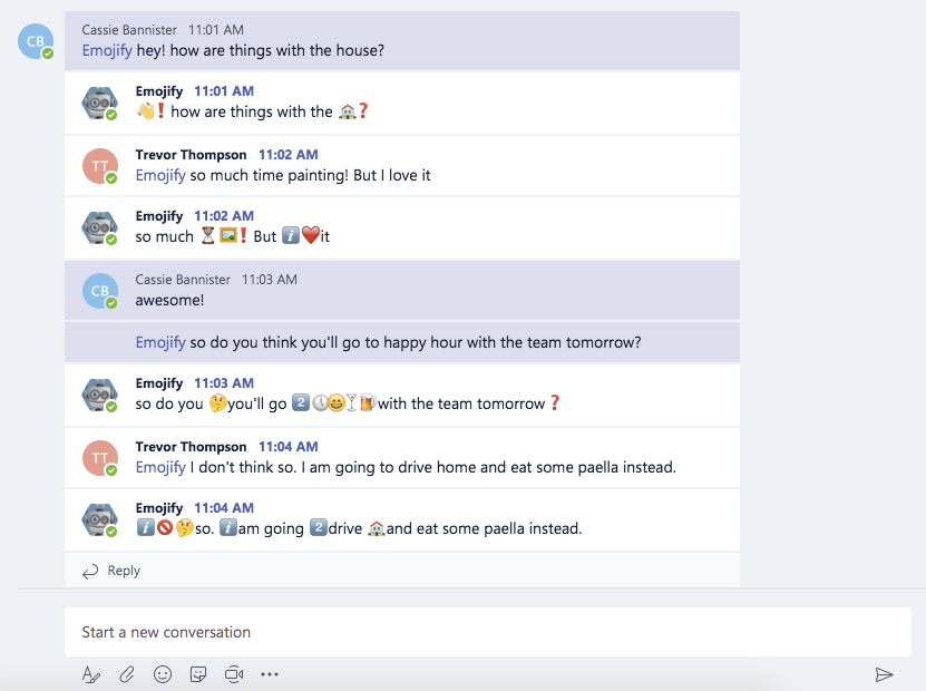 An example of a collaborative conversation with the Emojify bot