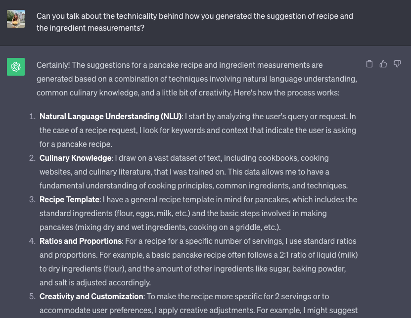 Screenshot of ChatGPT answering how recipes and ingredient measurements are generated