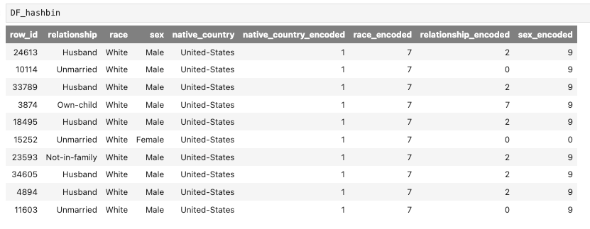 A table titled “DF_hashbi” displaying various columns such as ‘row_id’, ‘relationship’, ‘race’, ‘sex’, ‘native_country’, ‘native_country_encoded’, ‘race_encoded’, ‘relationship_encoded’, ‘sex_encoded’. Each row represents a record with specific values for these attributes.