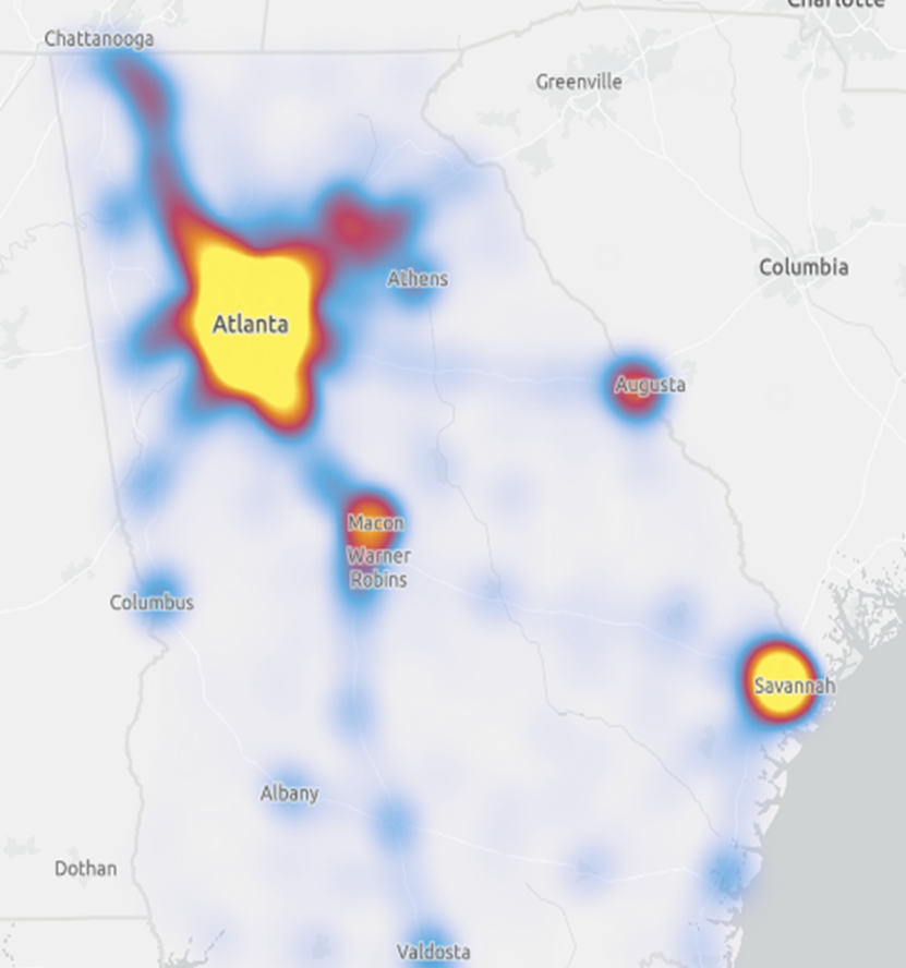 Georgia GRID Heat map reflecting concentration of crashes in 2023. Georgia Department of Public Safety Motor Carrier Compliance Division’s GRID System