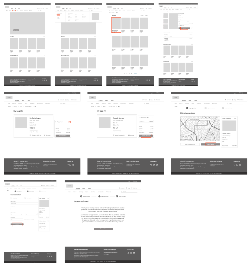 Nine mid fidelity wireframes that showcase the layout of the website and the pages the user would go through in order to purchase an Abaya