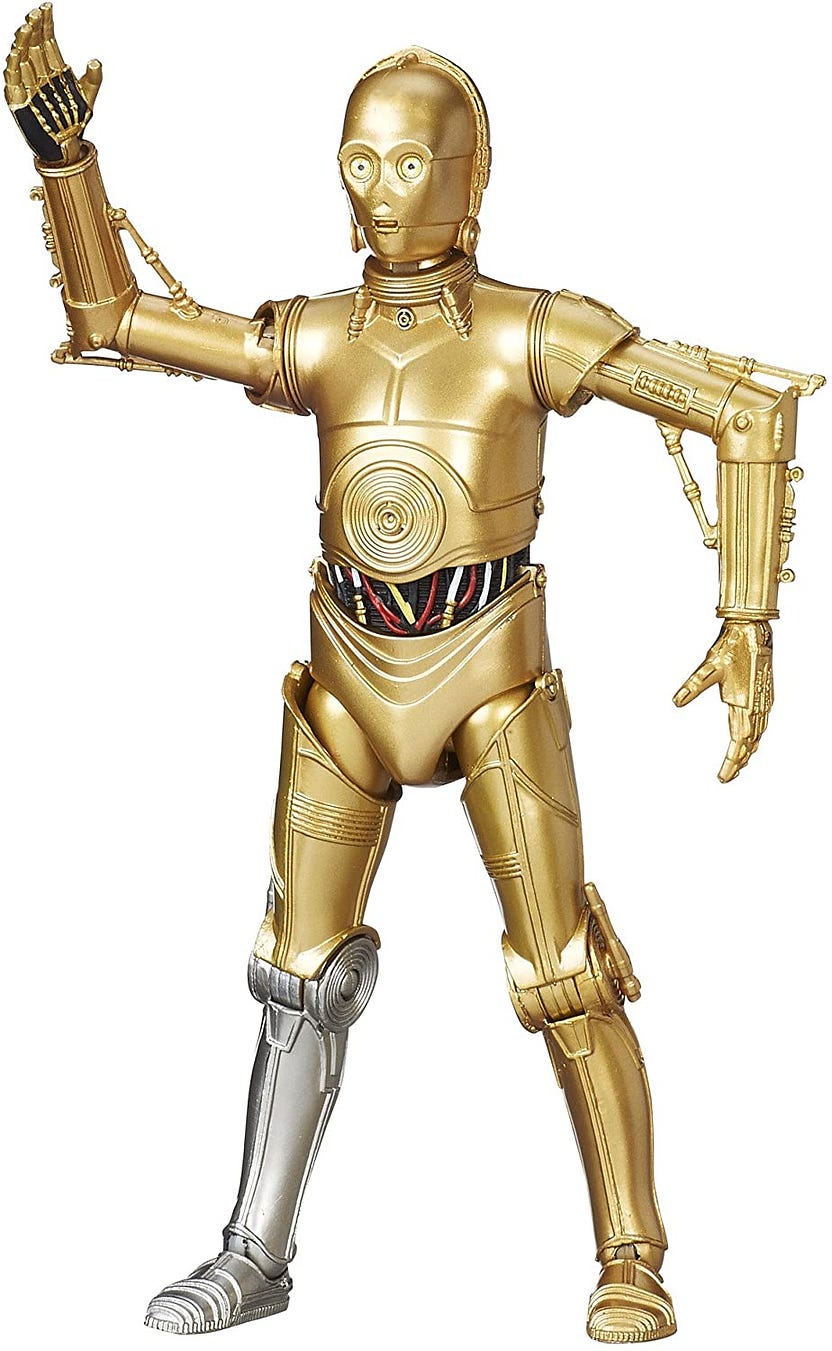 A C-3PO figurine with a silver lower leg
