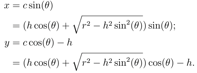 equation for x and y in terms of h, r, and theta