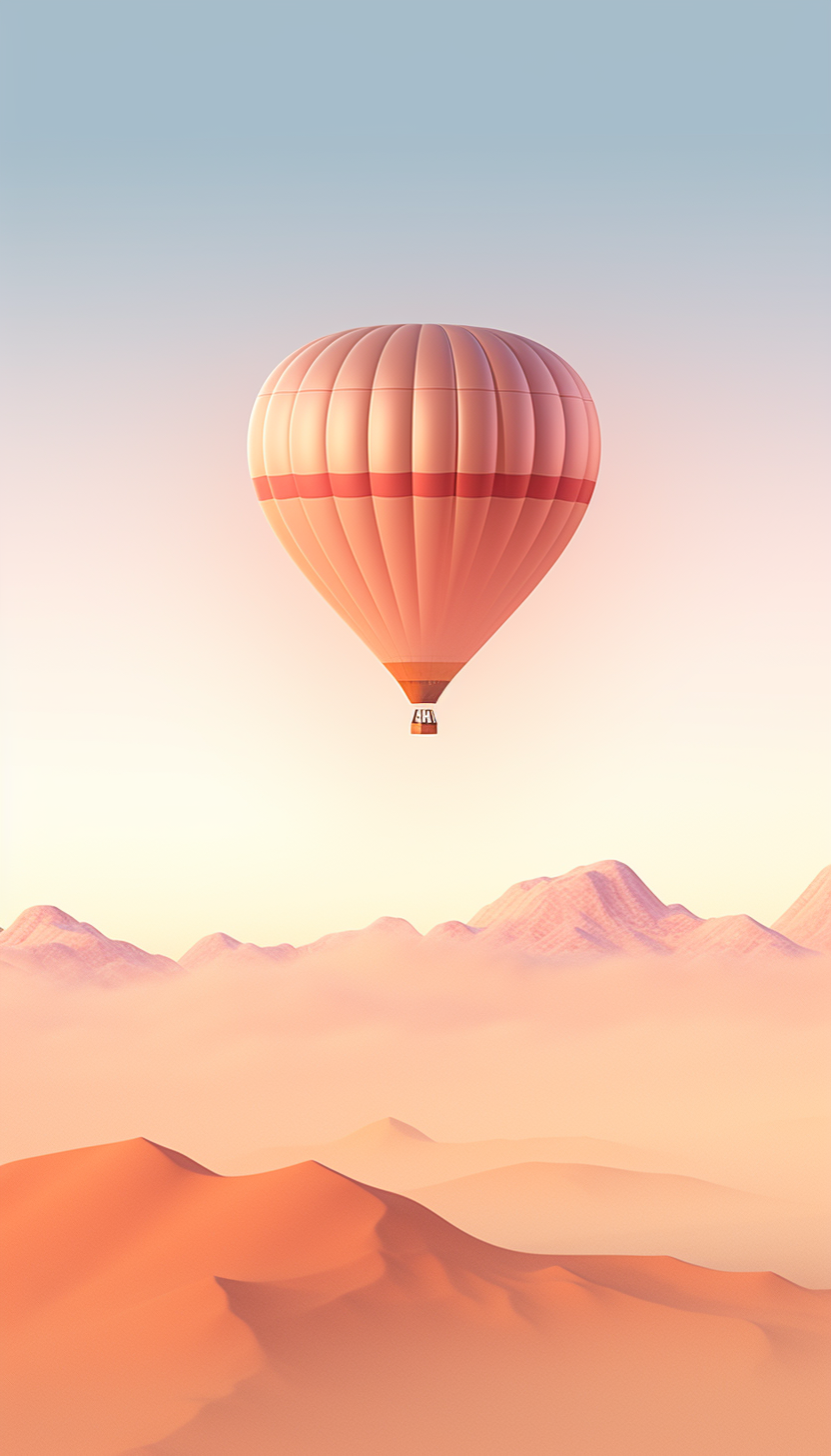 Minimal hot air balloon floats peacefully over a serene landscape, contrasting delicate balloon and expansive scenery, bathed in warm sunlight and soft hues, heightened sharpness and depth of field with an ultra — high — definition lens, at tranquil dawn by werbyu