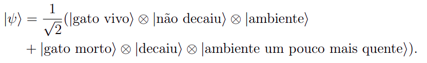 1/(raiz quadrada de dois)[(probabilidade do gato estar vivo e probabilidade do elemento não ter decaído e probabilidade do ambiente se encontar coma temeperatura incial)+(probabilidade do gato ter morrido e probailidade do elemento ter decaído e probailidado do ambiente estar um pouco mais quente)]