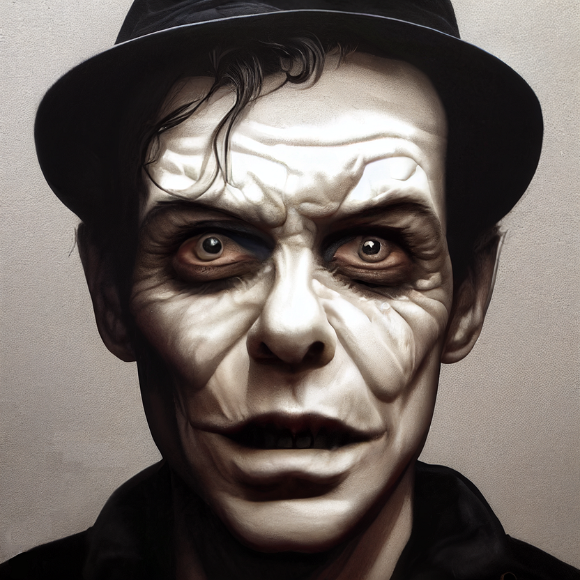 A digital rendering of a scary looking man in white makeup and an old cap