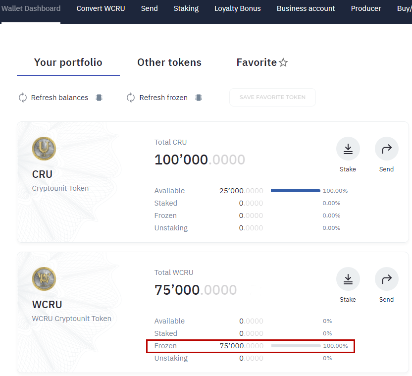 Balance of WCRU tokens in the section Wallet Dashboard