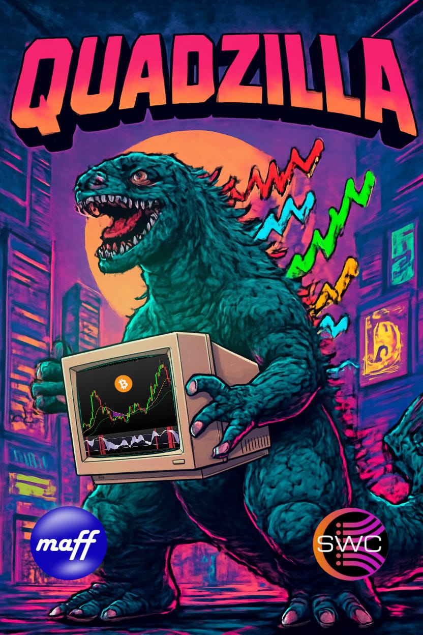 Quadzilla shown as a Kaiju-like creature, holding a PC monitor