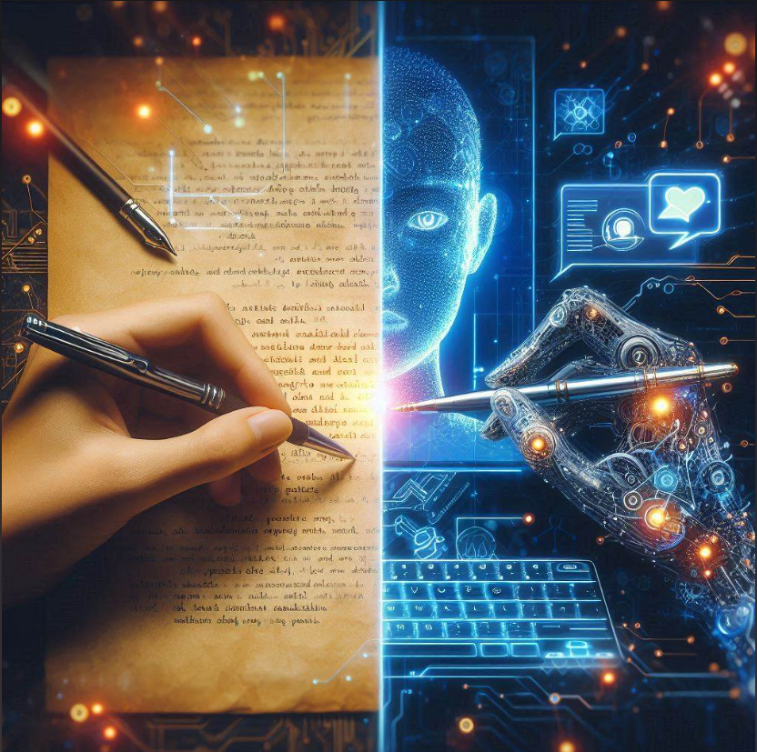 Split image comparing traditional and AI-assisted writing. Left side shows a human hand writing on paper with a pen. Right side displays a digital interface with a robotic hand, keyboard, and AI face. Symbolizes “10 ways to enhance productivity with AI writing assistants” by contrasting manual writing with advanced AI technology for content creation.