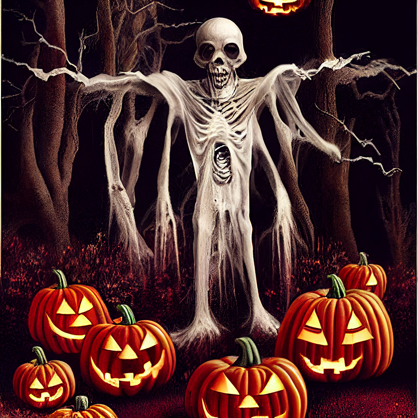 A spooky skeleton ghost with arms flailing and pumpkins below