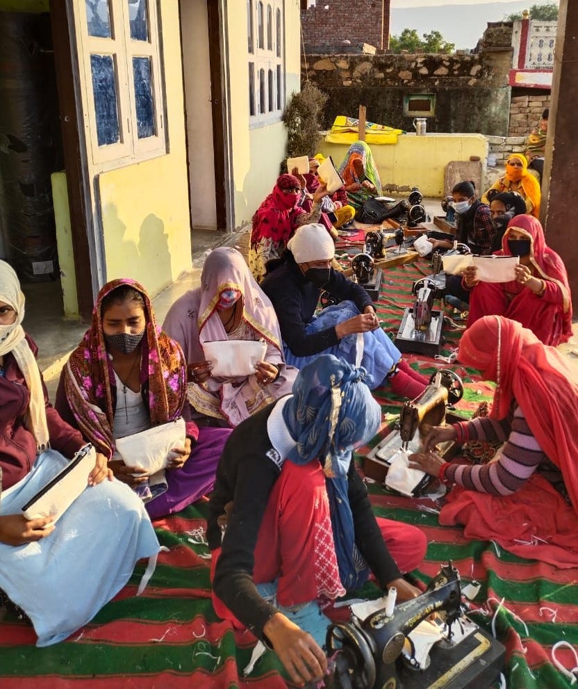 Applying remunerative skills: Women learn to stitch pouches at an Urmul training center in Alwar. (Urmul Desert Crafts, Rajasthan)