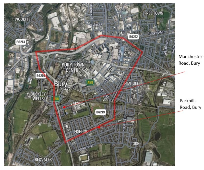 The defined area under section 60 encompasses the following locations: Bury District, Parkhills Road (including Brierley Street), Heywood Street, Rochdale Road, Derby Road, Peel Way, Jubilee Way, and Manchester Road, extending down to Parkhills Road.