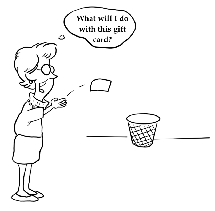A woman’s illustration throws away a gift card into the dustbin, thinking, “what will I do with this gift card?”.