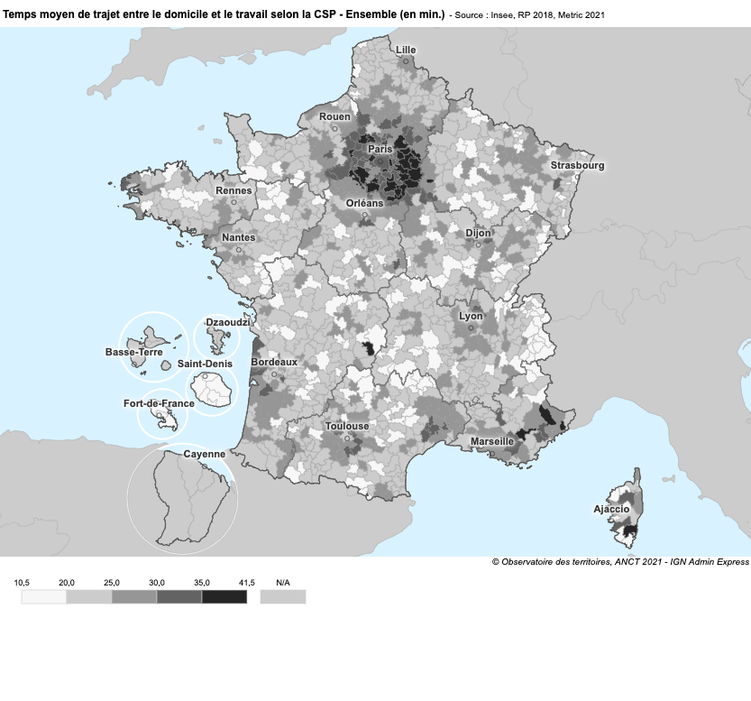 Average commute time per agglomeration of communes (EPCI) in France