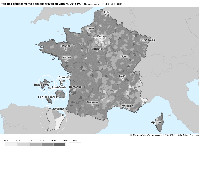 Share of the commutes done by car per agglomeration of communes (EPCI) in France