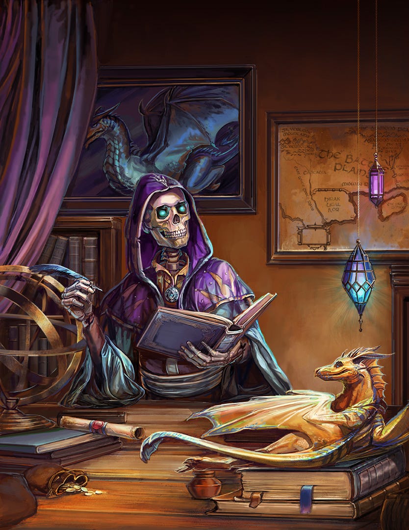 A digital painting of a skeleton with glowing blue eyes reading a book in a study.
