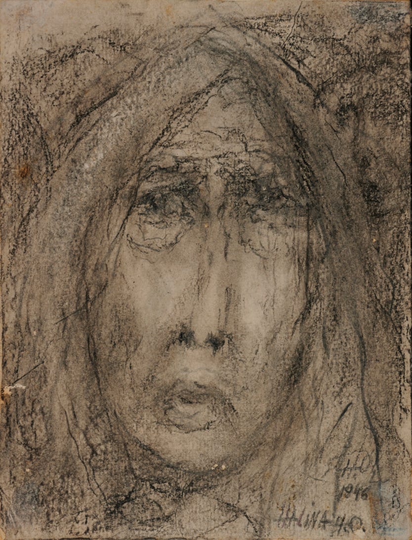 Drawing of a woman with dark, flowing hair and a downturned mouth. She is rendered in charcoal or graphite on a tan background. The drawing is sketchy, making the woman’s face difficult to read.