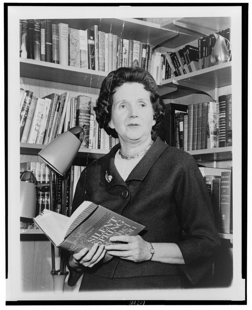 Historical image of Rachel Carson in her personal library with a copy of Silent Spring.