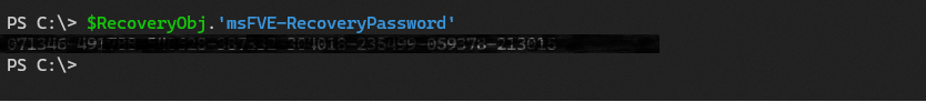 Screenshot of an msFVE-RecoveryInformation object in Powershell showing its msFVE-RecoveryPassword attribute value.