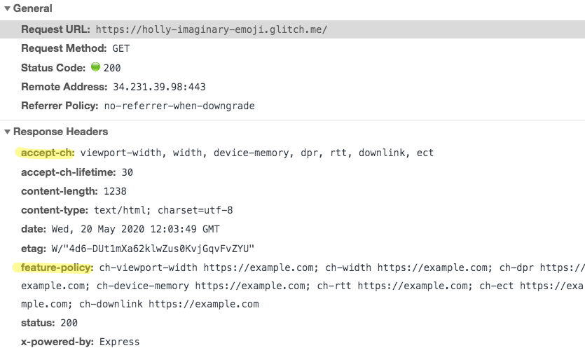 Note the accept-ch, and feature-policy response headers