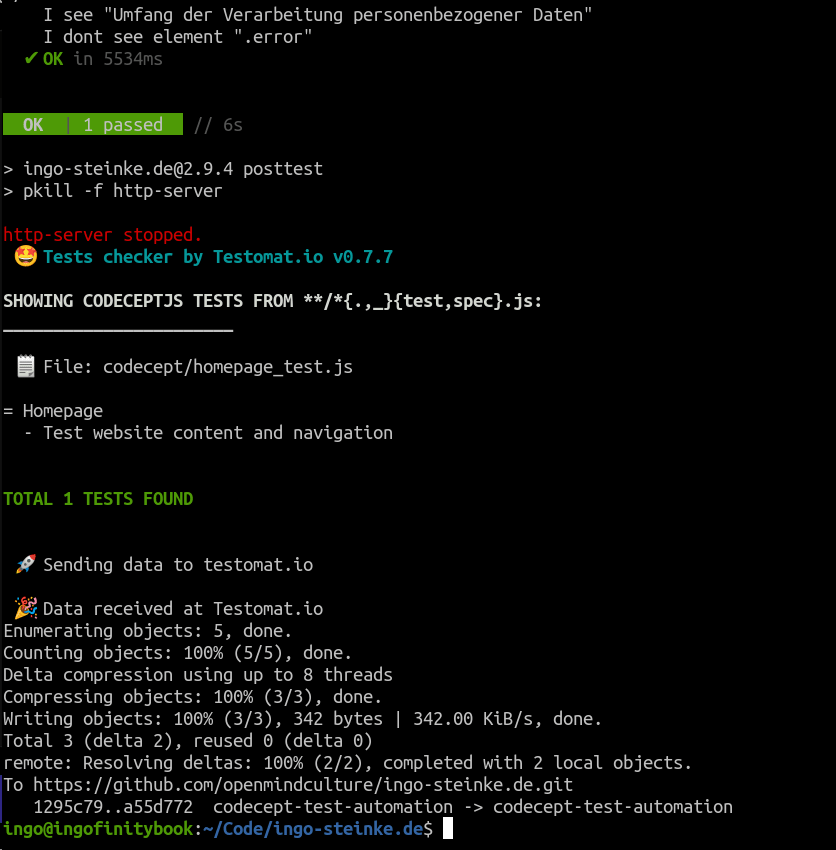 Screenshot of test result success message and git status