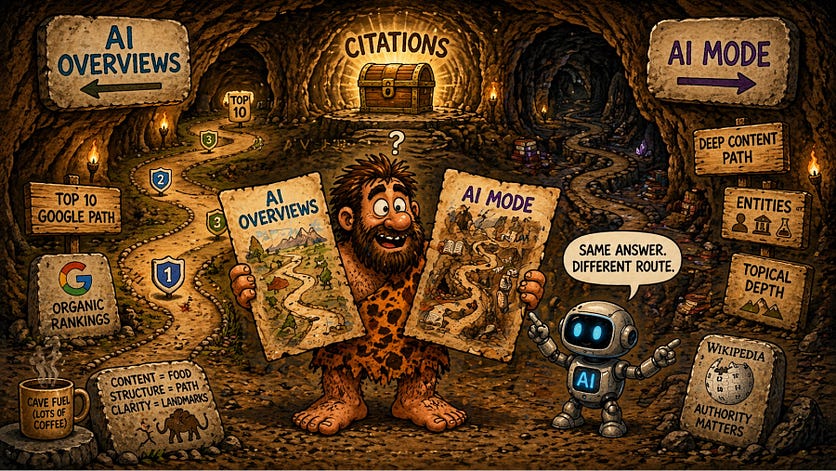Two Surfaces, Two Maps: Why AI Mode and AI Overviews Cite Different Pages