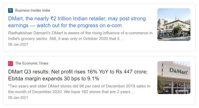 Google news snippets of the rise in DMart profits and increased customer traction.