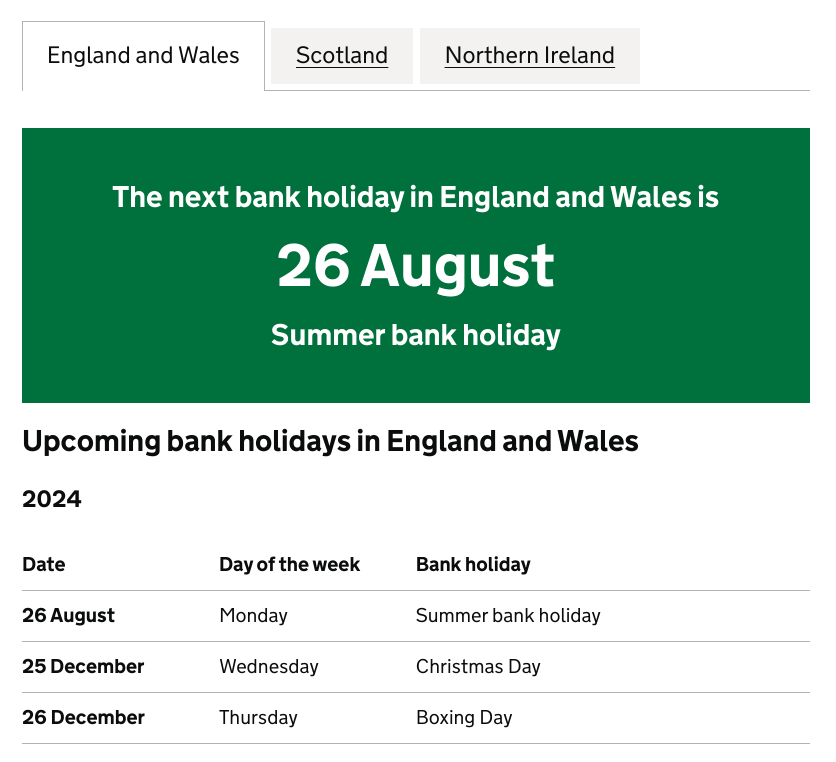 Screenshot of bank holiday dates on GOV.UK.