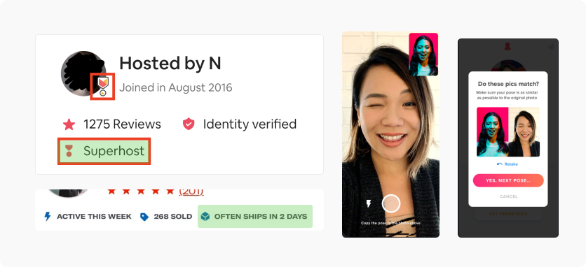 Competitive analysis of Airbnb’s Superhost badge as well as Tinder’s Captcha photo verification.