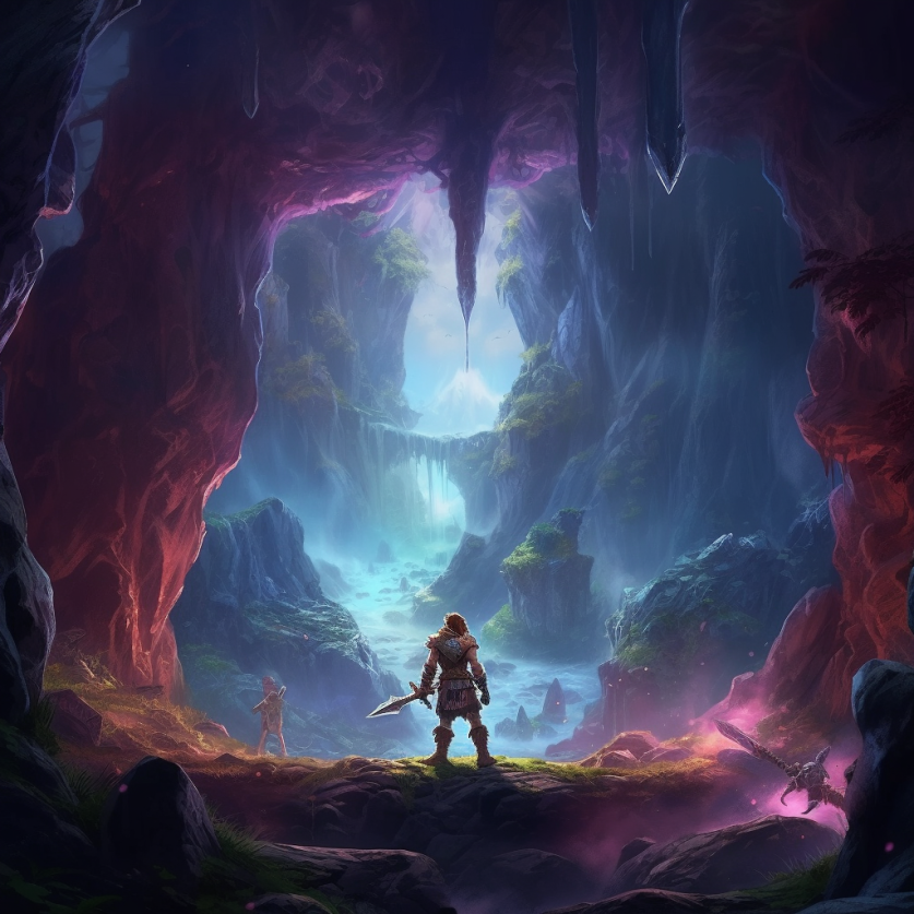A fantasy warrior and companions stand at the mouth of a lush cave system.